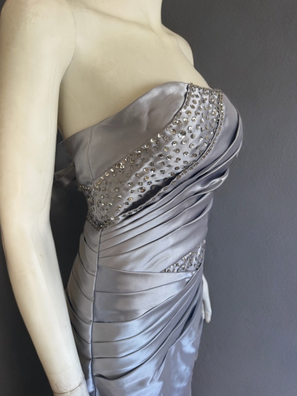 Vintage Silvery Blue Beaded Strapless Evening Gown with Draped Detail